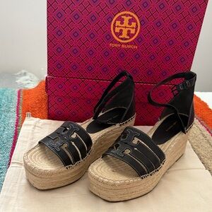 Tory Burch Black and Tan Espadrille Sandals